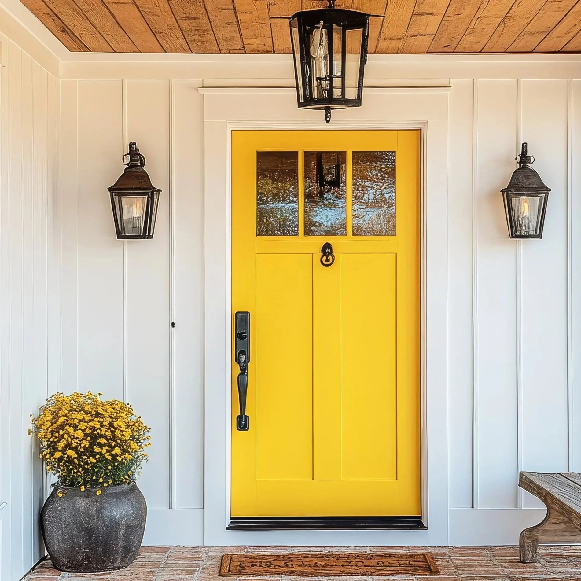 Yellow front door on covered porch — closeup install