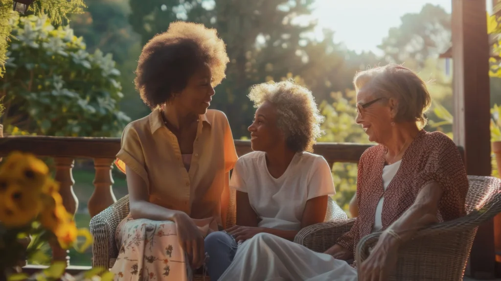 Three women share joyful conversation on a cozy porch surrounded by vibrant greenery and sunlight. 4SeasonsHome makes it easy to make your house a place to gather for your loved ones.