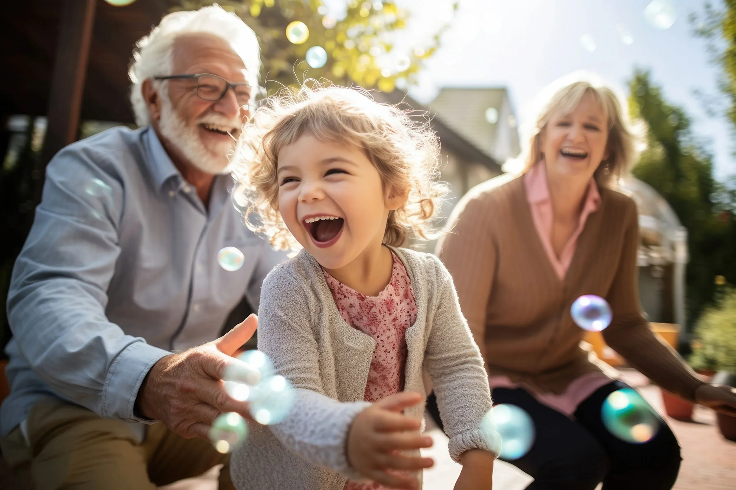 Grandparents blowing bubbles with grandchild in the backyard