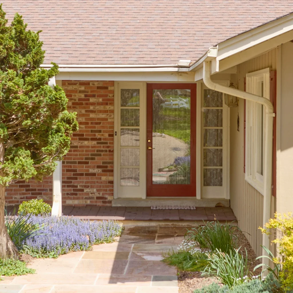 Brick Beige Siding House Covered Front Porch Storm Door Sidelight Windows 2500x2500