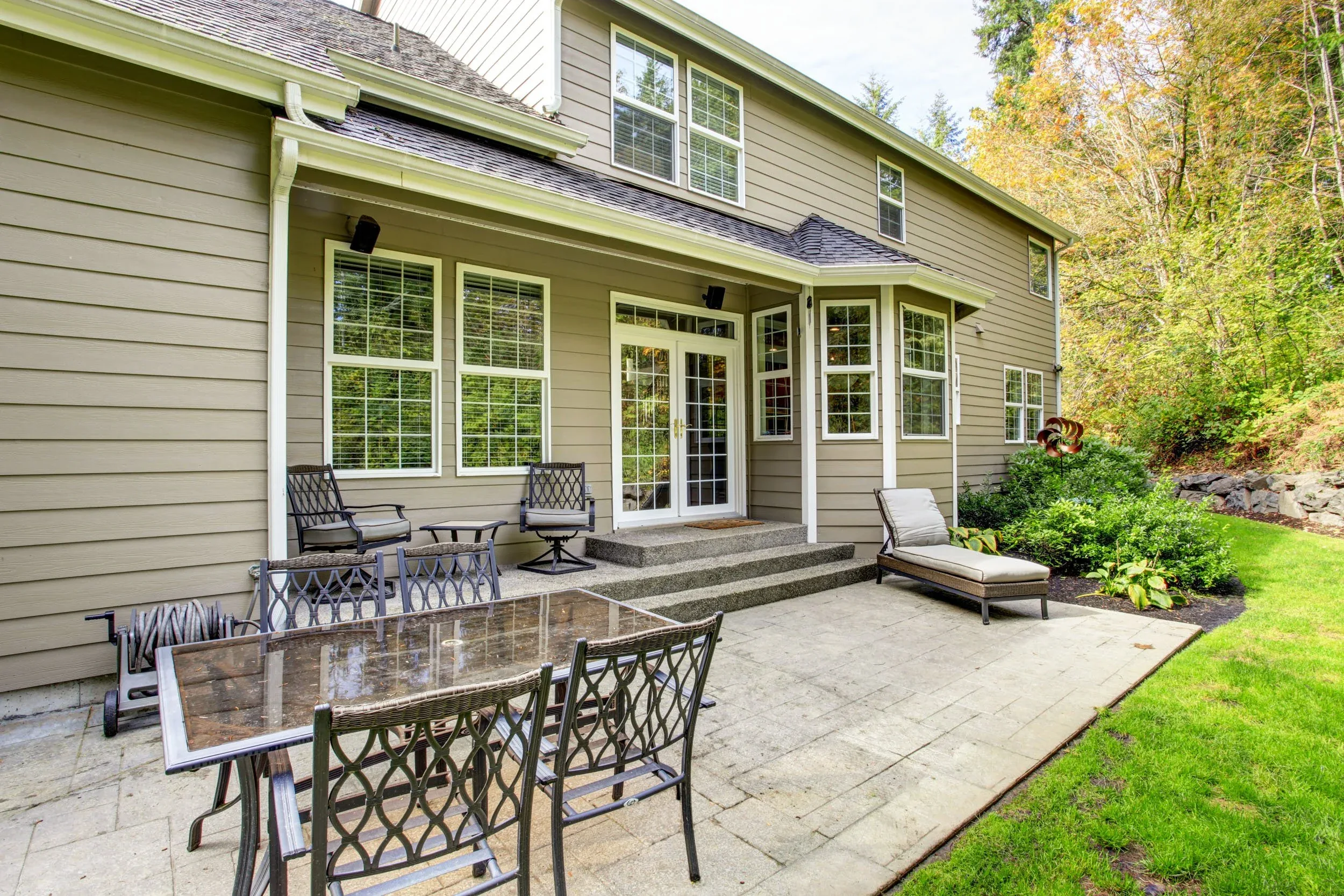 Paver patio with furniture, summer DMV home