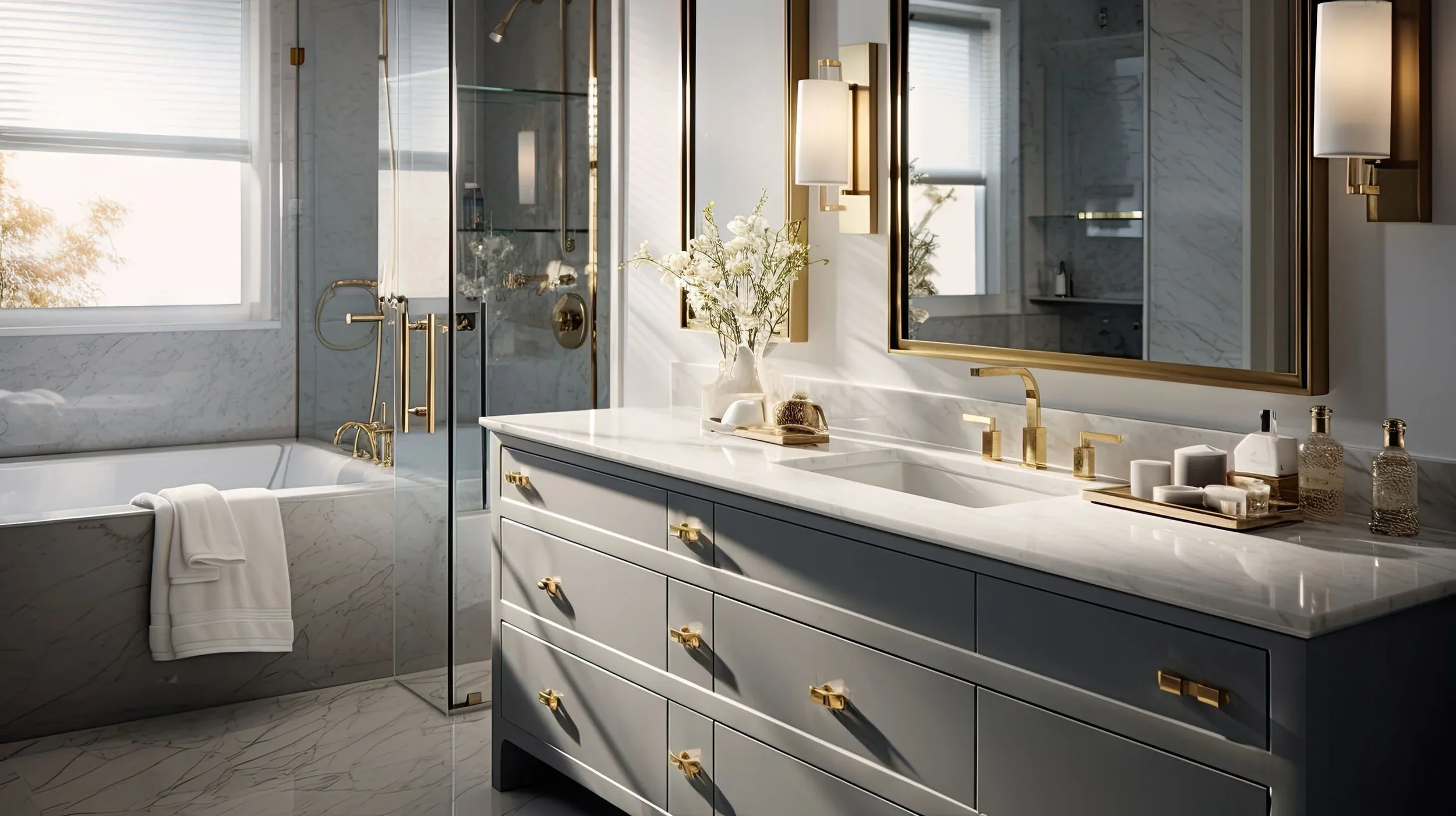 Remodeled bathroom with grey vanity and gold fixtures