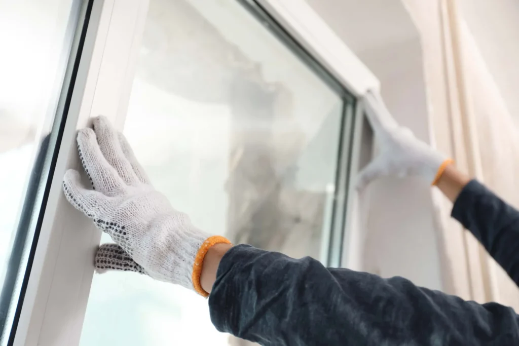 Worker installing window indoors, closeup view